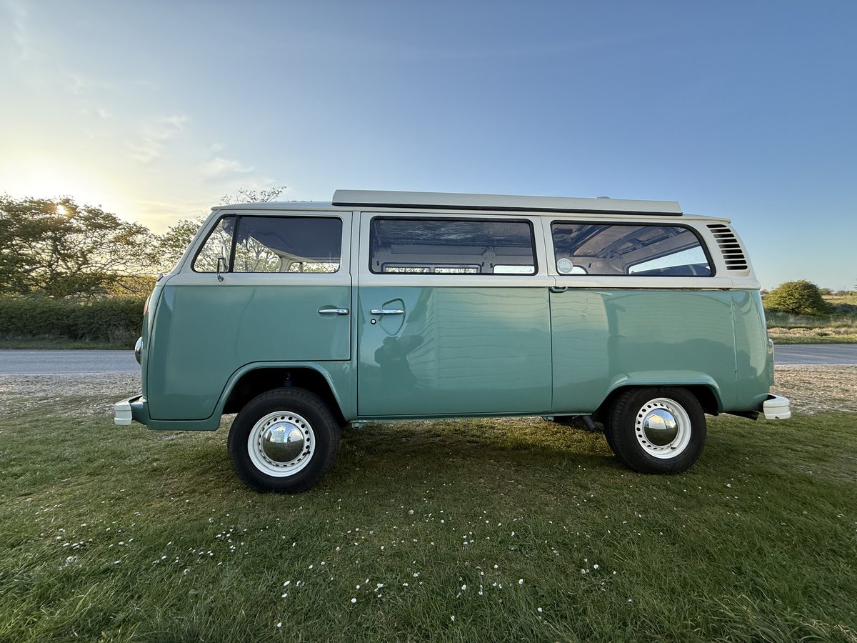Jenny the Bus after restoration — 1976 VW Bay Window campervan in the evening light