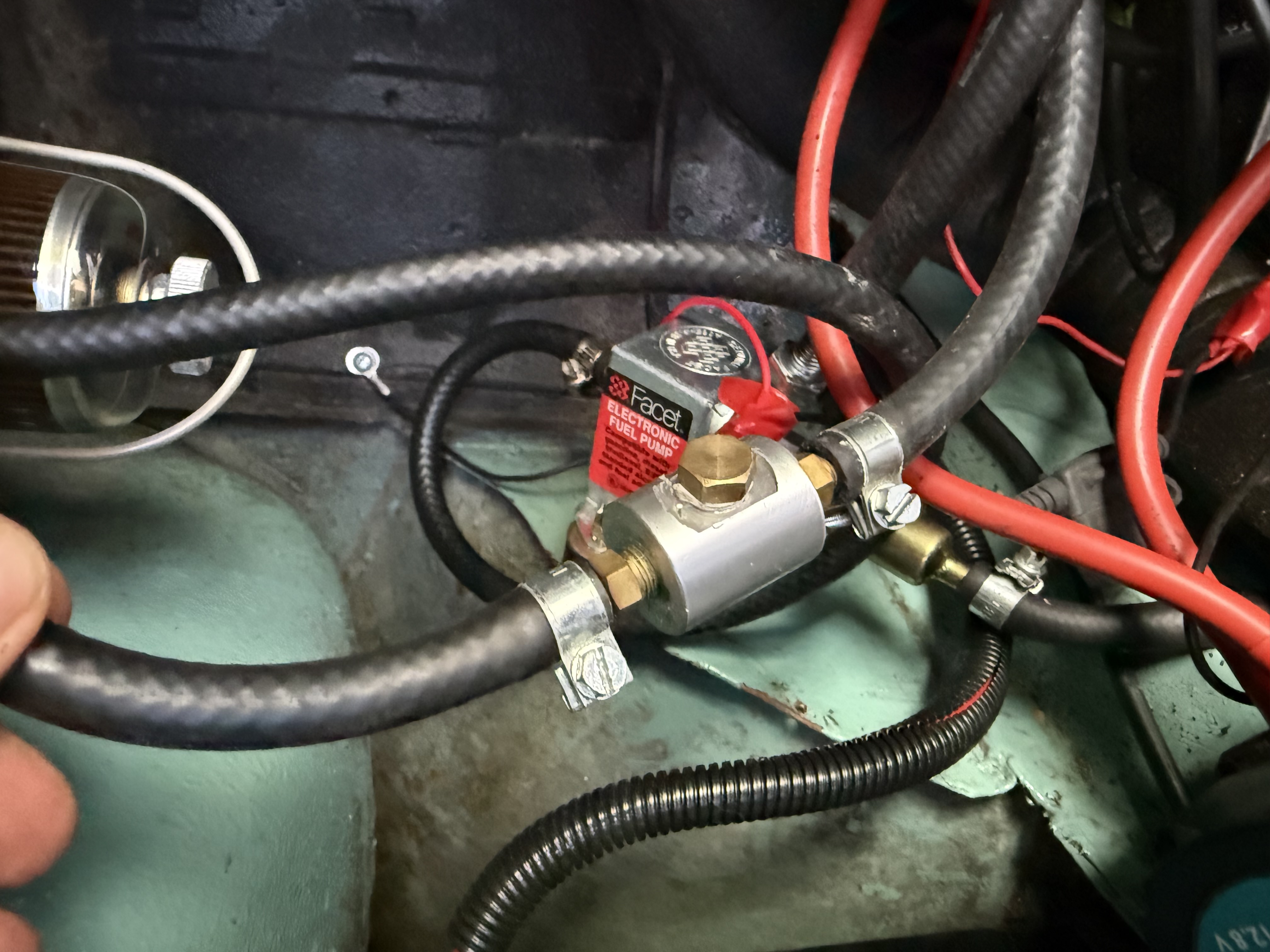 Electric fuel pump and regulator installation complete in VW T2 Bay Window engine bay with all connections and hoses routed