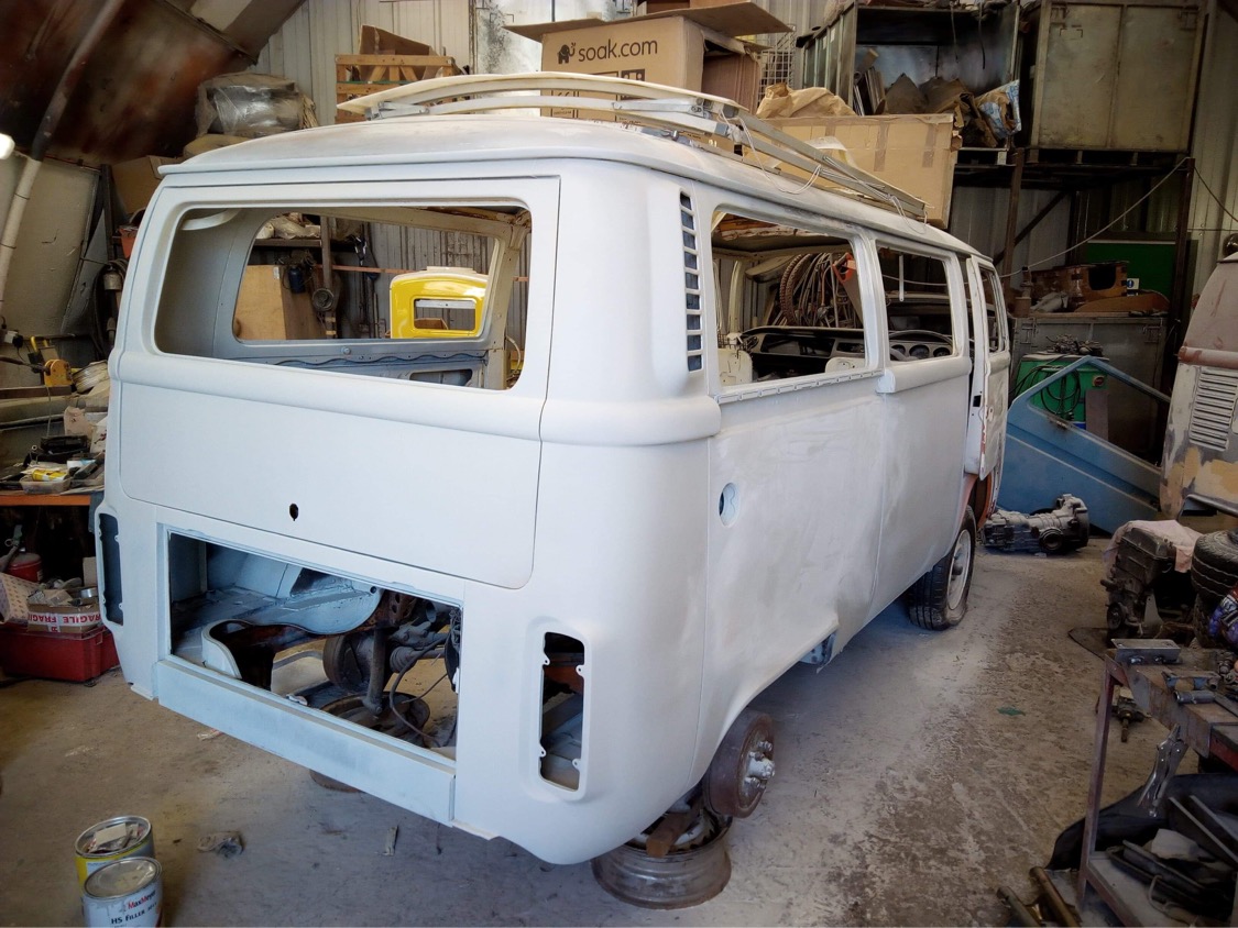 First coat of primer - Jenny looking like a whole van