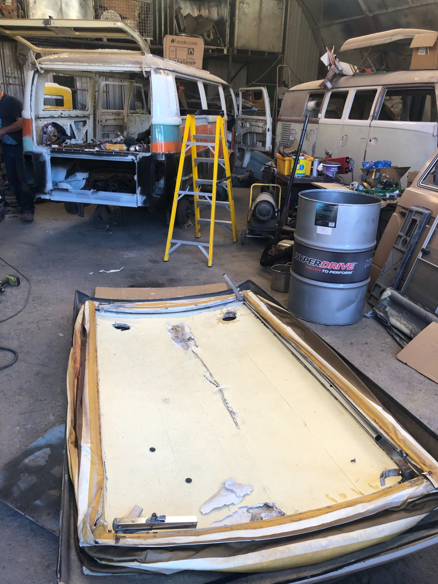 Pop-top removed from Jenny in the workshop